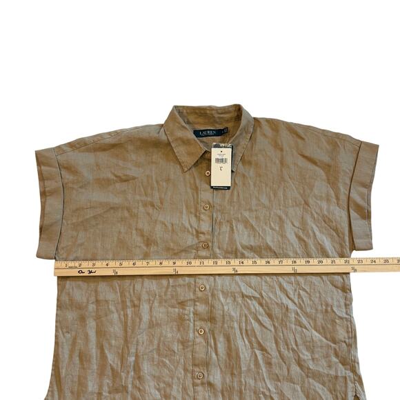 Lauren Ralph Lauren Linen Shirt Womens Large Brown Button Up Dolman Short Sleeve - Picture 8 of 8